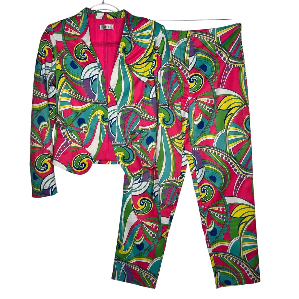 OVI Psychedelic Swirl Print Collarless Blazer Pants Suit Set Multicolor XS